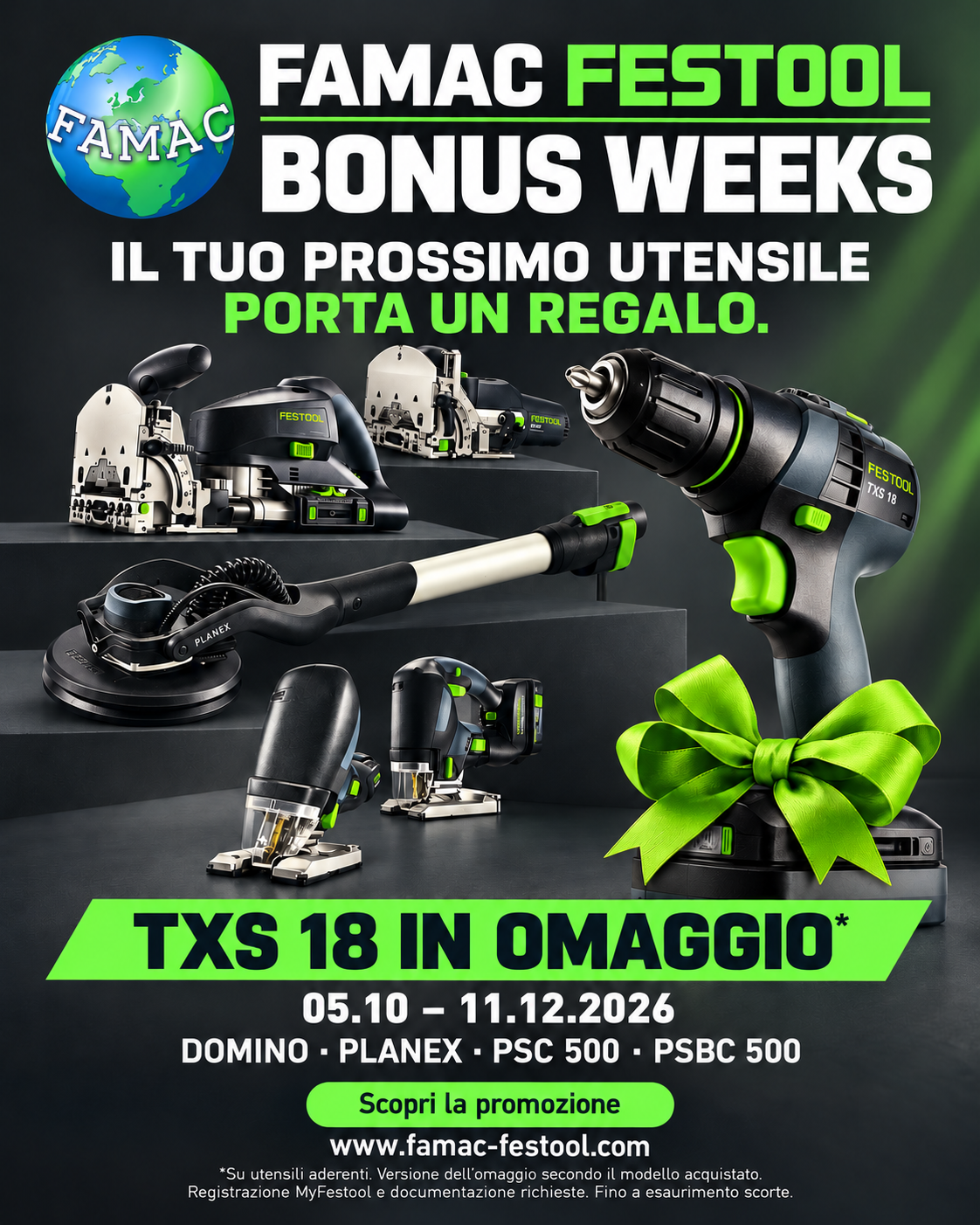 Grafica FAMAC Festool Bonus Weeks con TXS 18 in omaggio